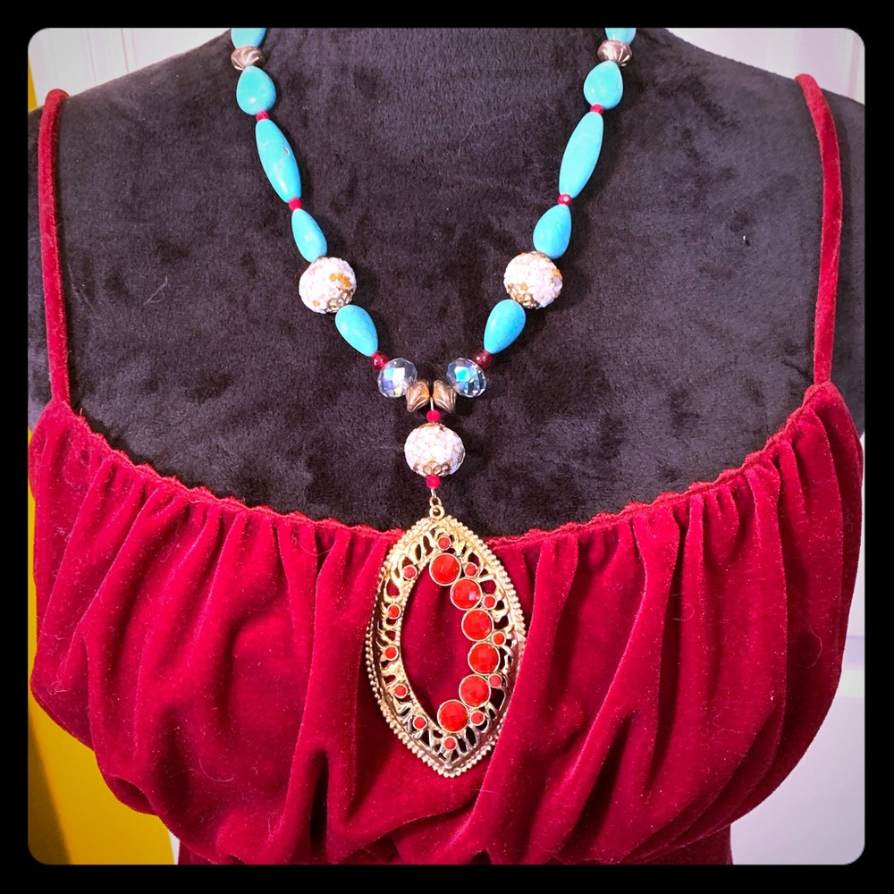 Necklace Turquoise and Red Statement Piece